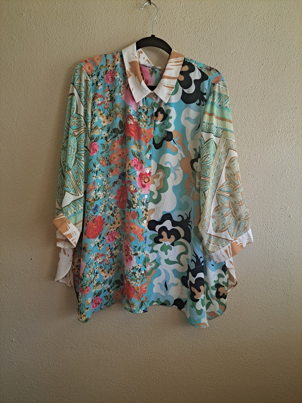 Silky Turquoise Mixed-Print Button-Up Blouse - Picture 6 of 10